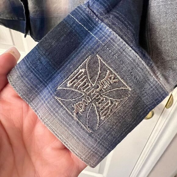 West Coast Choppers Long Sleeve Plaid Button Down Shirt Round Hem Blue Men's - Picture 4 of 9